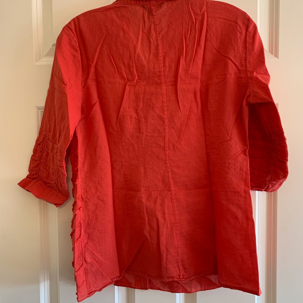 EUC* Top: Fun Diagonal Fringe, Button Down, Ruched 2/3-Sleeves - Picture 6 of 12